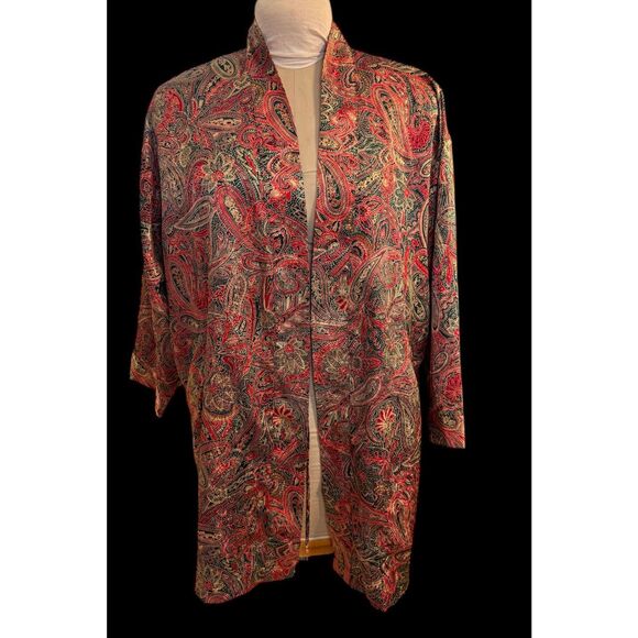 Victoria's Secret Satin Robe Red/Green/Gold Paisley One Size Vintage Kimono - Picture 2 of 10
